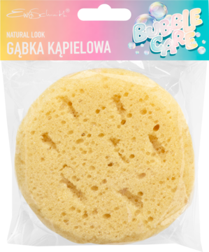 Żółta, porowata gąbka kąpielowa Natural Look do wrażliwej skóry, w przezroczystym opakowaniu, widok z przodu.