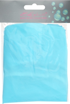 Miękki, jasnoniebieski czepek prysznicowy Spa Sensations w foliowym opakowaniu, widok z przodu.