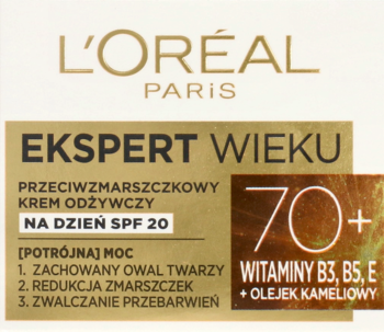 L'Oréal Ekspert Wieku 70+ krem na dzień SPF 20, beżowe opakowanie, redukuje zmarszczki i przebarwienia.