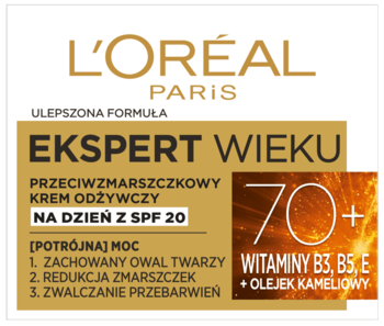 Biało-złote opakowanie kremu L'Oréal Ekspert Wieku 70+ SPF 20 z witaminami B3, B5, E, widok z przodu.