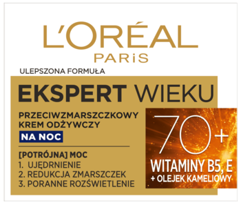 L'Oréal Ekspert Wieku 70+ przeciwzmarszczkowy krem na noc, złote opakowanie, ujędrnia, redukuje zmarszczki, z witaminami B5, E.