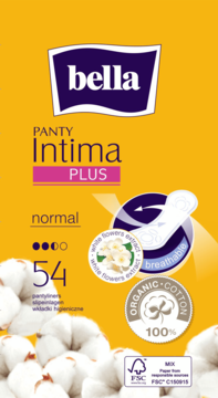 Bella Panty Intima Plus normal, 54 ultracienkie wkładki, oddychające, żółto-fioletowe opakowanie, przód.