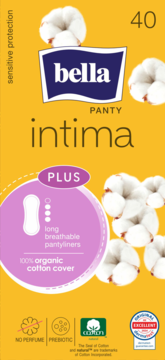 Bella Intima pantyliners, 40 sztuk, długie, oddychające, 100% organiczna bawełna, bez perfum, żółte.