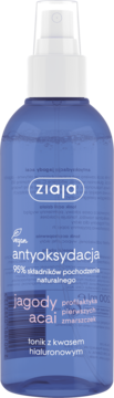Ziaja Antyoksydacja tonik w niebieskiej butelce z białym atomizerem, z przodu napisy jagody acai i kwas hialuronowy.