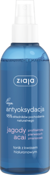 Niebieski tonik Ziaja z jagodami Acai i kwasem hialuronowym, wegański, antyoksydacyjny, w butelce ze sprayem.