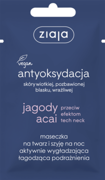 Ziaja wegańska maseczka acai na noc, antyoksydacyjna, ciemnoniebieska saszetka, widok z przodu. Na tech neck.