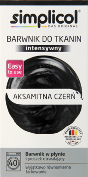 simplicol intensywny barwnik do tkanin, aksamitna czerń, widok z przodu na biało-czarne opakowanie.