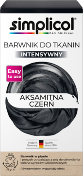 Simplicol intensywny barwnik do tkanin, aksamitna czerń, w biało-czarnym opakowaniu, widok z przodu.