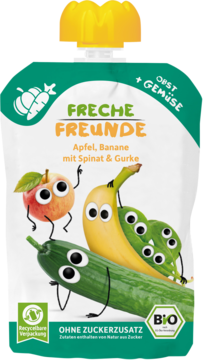 Bio mus Freche Freunde: jabłko, banan, szpinak, ogórek w białej saszetce z wesołymi owocami, widok z przodu.