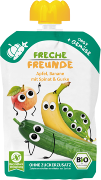 Bio mus Freche Freunde: jabłko, banan, szpinak, ogórek w białej saszetce z wesołymi owocami, widok z przodu.