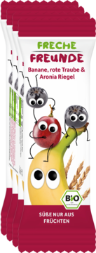 Multipack bio batonów Freche Freunde, banan, czerwone winogrono, aronia. Biało-czerwony z rysunkami.
