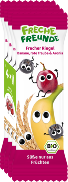 Opakowanie batonów Freche Freunde: banan, czerwone winogrono, aronia. Białe, z wesołymi owocami i różowymi brzegami.