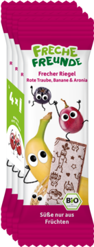 Freche Freunde Bio baton 4x23g, różowe opakowanie z rysunkami wesołych owoców: banan, winogrono, aronia, widok z przodu.