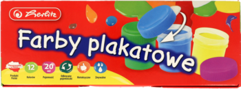 Czerwone opakowanie farb plakatowych Herlitz, 12 kolorów, 20ml, nietoksyczne, z otwartym niebieskim pojemnikiem.