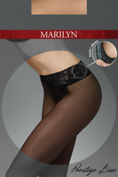 Czarne, półmatowe rajstopy biodrówki Marilyn Prestige Line z koronkowym pasem z silikonem, na modelce.