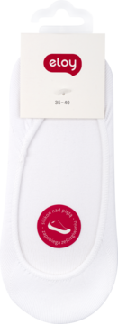Białe stopki Eloy z silikonem nad piętą, widok produktu na kartonowym opakowaniu z logo i rozmiarem 35-40.