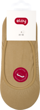Beżowe stopki Eloy z metką, rozmiar 35-40, i czerwonym oznaczeniem silikonu nad piętą. Widok produktu z przodu.