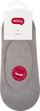 Szare stopki Eloy w rozmiarze 35-40 z silikonem nad piętą, zapobiegającym zsuwaniu, widok z przodu na metce.