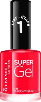 Czerwony lakier Rimmel Super Gel 045 Flamenco Beach. Czarna nakrętka z napisem STEP 1.