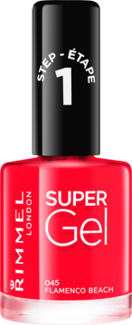 Czerwony lakier Rimmel Super Gel 045 Flamenco Beach. Czarna nakrętka z napisem STEP 1.