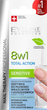 Eveline 8w1 Total Action Sensitive odżywka do paznokci w białej butelce, ujęcie z dłonią z boku.