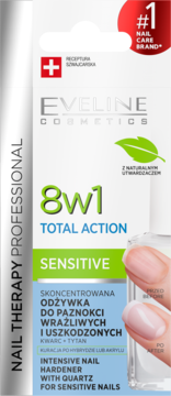 Eveline 8w1 Total Action Sensitive odżywka do paznokci w białej butelce, ujęcie z dłonią z boku.