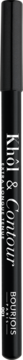 Cylindryczna czarna kredka Bourjois Khôl & Contour Noir-Issime, z pionowym logo i białymi napisami.