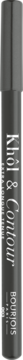 Ciemnoszara kredka do oczu Bourjois Khôl & Contour, smukła i cylindryczna, ułożona pionowo z widocznym logo.