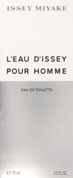 Srebrne opakowanie perfum Issey Miyake L'Eau D'Issey Pour Homme EDT 75ml, widok z przodu.