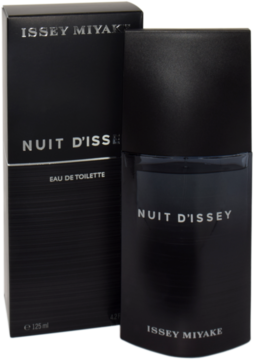 Issey Miyake Nuit d’Issey EDT, ciemna butelka z matowym wykończeniem i pudełko, widok z przodu.