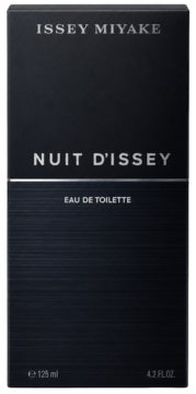 Issey Miyake Nuit d’Issey Eau de Toilette, męski zapach w ciemnym, prostokątnym pudełku z metaliczną fakturą, widok z przodu.