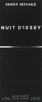 Czarne pudełko Issey Miyake Nuit d'Issey, męska woda toaletowa 75 ml, widok z przodu, srebrny pasek.