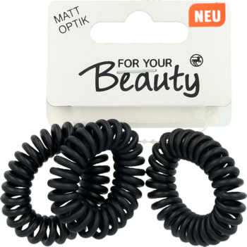 Jamie-gumki do włosów typu sprężynki w matowej czerni, trzy sztuki widoczne z opakowaniem "FOR YOUR Beauty".
