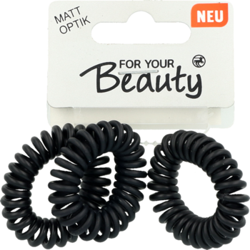 Jamie-gumki do włosów typu sprężynki w matowej czerni, trzy sztuki widoczne z opakowaniem "FOR YOUR Beauty".