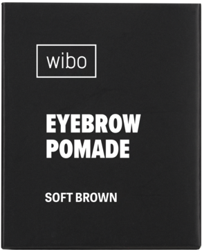 Czarne opakowanie pomady do brwi Wibo Soft Brown z białymi napisami, widok z przodu produktu.