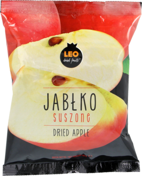 Frontowe opakowanie chipsów jabłkowych Leo suszone owoce, czarna torebka z plastrami jabłek ze skórką.