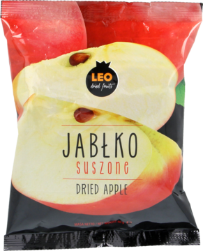 Frontowe opakowanie chipsów jabłkowych Leo suszone owoce, czarna torebka z plastrami jabłek ze skórką.