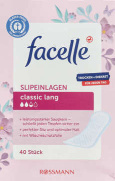 Przód opakowania długich wkładek Facelle classic lang 40 sztuk, biało-różowe z kwiatowym wzorem i Blauer Engel.