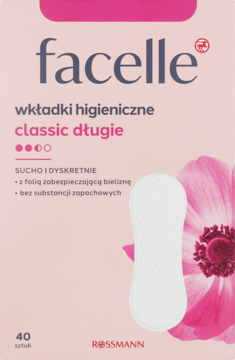 Facelle wkładki higieniczne classic długie 40 sztuk. Różowo-białe opakowanie, oddychające, z folią chroniącą bieliznę, bezzapachowe.
