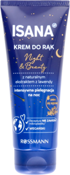 Ciemnoniebieski krem do rąk Isana Night & Beauty z lawendą, wegański, do intensywnej pielęgnacji nocnej.