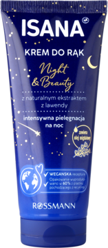 Isana Night & Beauty, krem do rąk na noc z lawendą, w granatowej tubce ze złotymi gwiazdkami, widok z przodu.