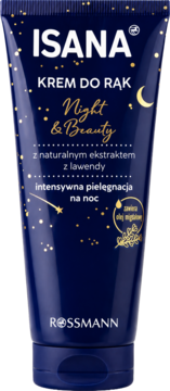 Ciemnoniebieski krem do rąk Isana Night & Beauty z lawendą, do intensywnej pielęgnacji na noc, widok z przodu.