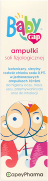 White box of BabyCap sterile 10x5ml physiological saline ampoules, front view with colorful logo and child graphics.