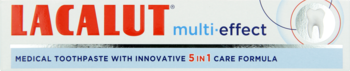 LACALUT multi-effect medyczna pasta do zębów, biało-czerwone opakowanie, widok z przodu, formuła 5 w 1.