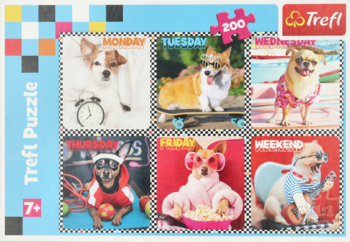 Kolorowy Trefl Puzzle 200 elementów z psami ubranymi na każdy dzień tygodnia, widok pudełka z przodu.