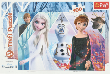Trefl Puzzle 100 el. Kraina Lodu 2, pudełko z Elsą, Anną i Olafem. Z tyłu Kristoff i Sven.
