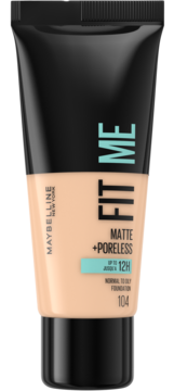Podkład Maybelline Fit Me Matte + Poreless 104 w czarno-beżowej tubce, widok z przodu. Matuje, do skóry normalnej i tłustej.