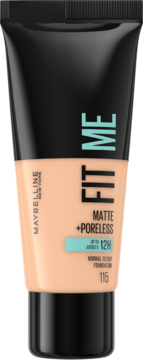 Maybelline Fit Me Matte + Poreless 115, matujący podkład do twarzy w beżowo-czarnej tubce, widok z przodu.
