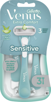 Gillette Venus Extra Comfort Sensitive: zestaw 3 turkusowych maszynek do golenia z aloesem, widok z przodu.