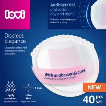 Lovi wkładki laktacyjne antybakteryjne Discreet Elegance 40szt. białe z koronką, ultra cienkie, widok z przodu.